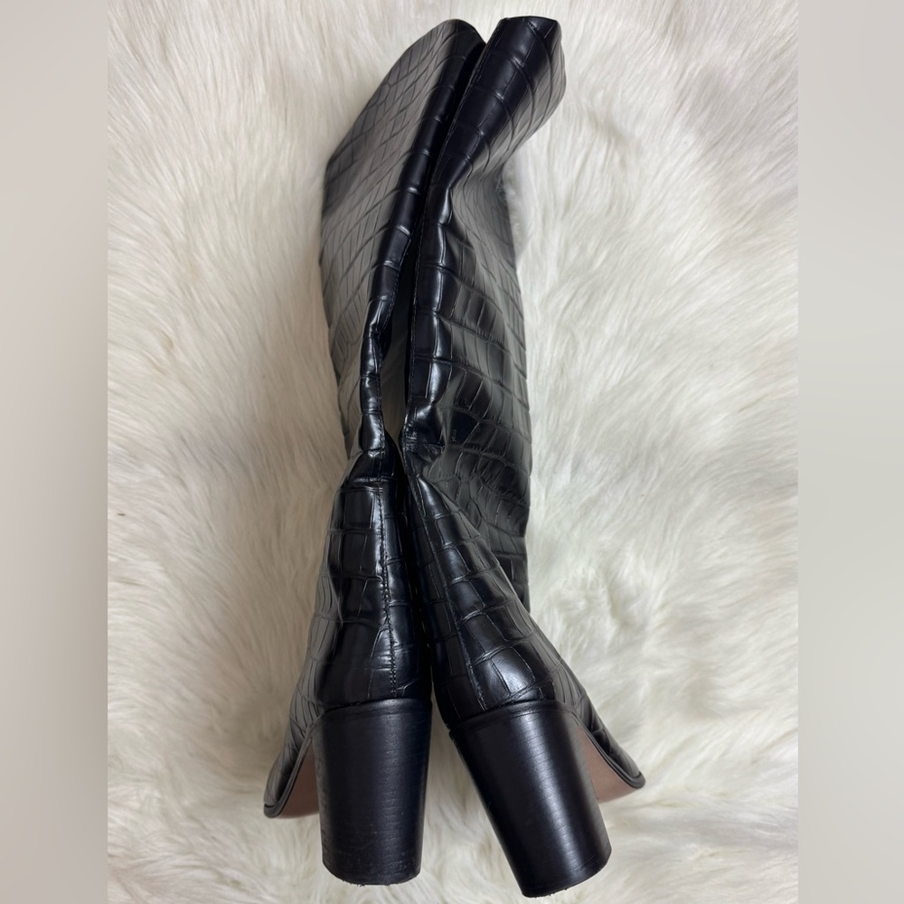New Schutz Maryana Block Wide Crocodile Boot Black Chunky Heel Point Toe Western - Picture 4 of 6